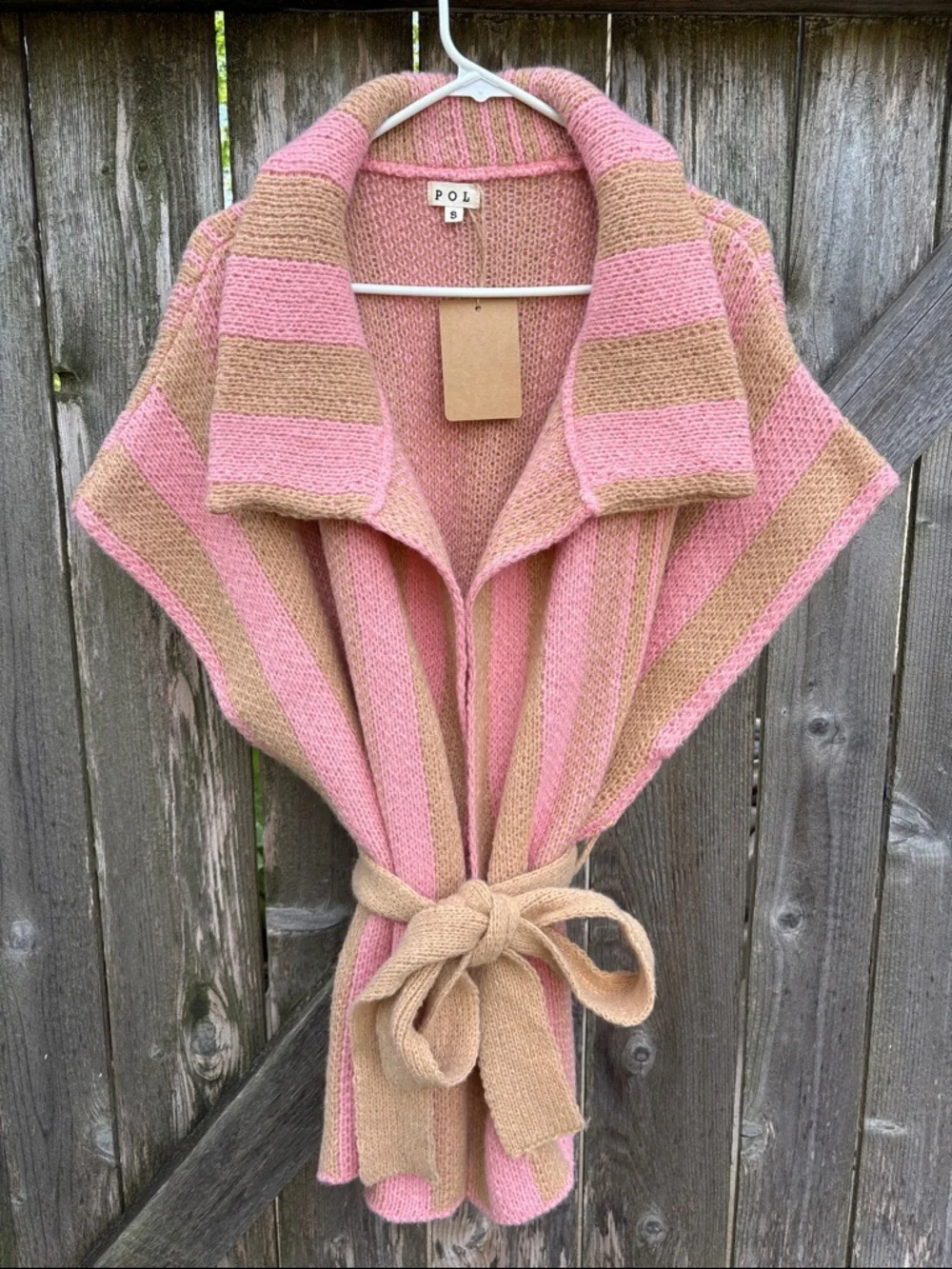 NWT POL Open Front Belted Sweater Pink Tan Size Small